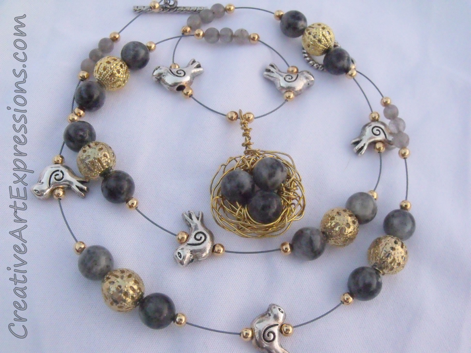 Creative Art Expressions Handmade Labradorite & Gold Birds Nest Necklace Jewelry Design